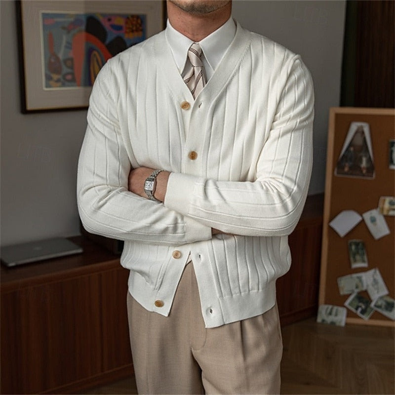 Ribbed V-Neck Button Cardigan for Men, Plus Size