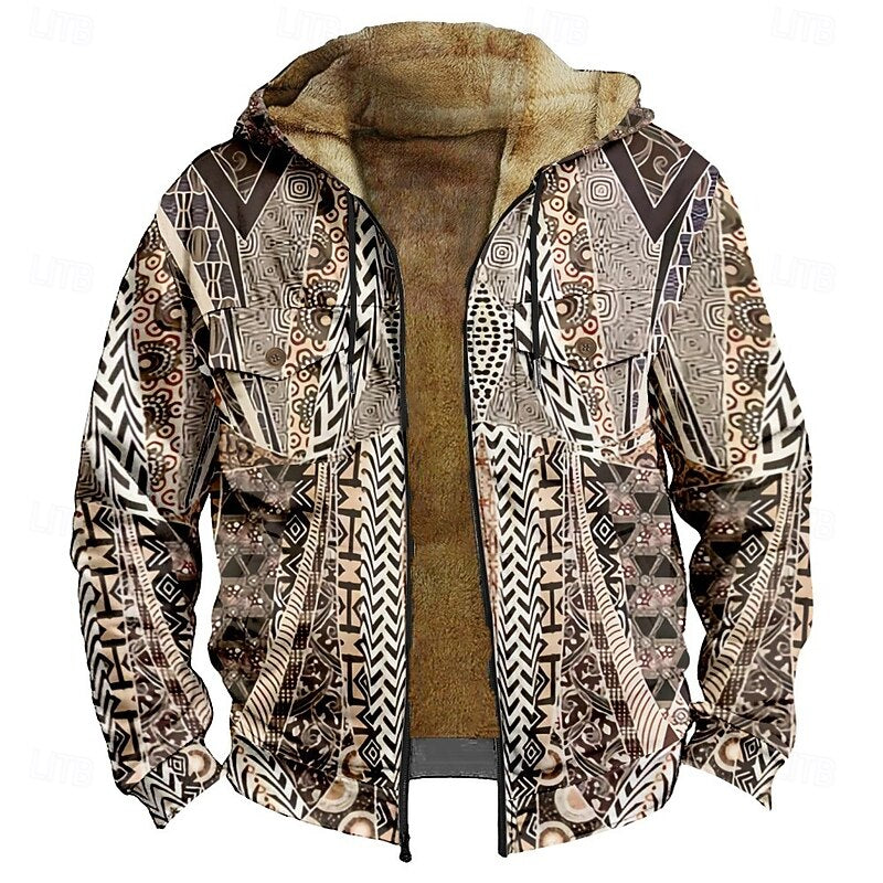Patterned Zip Hooded Jacket for Men