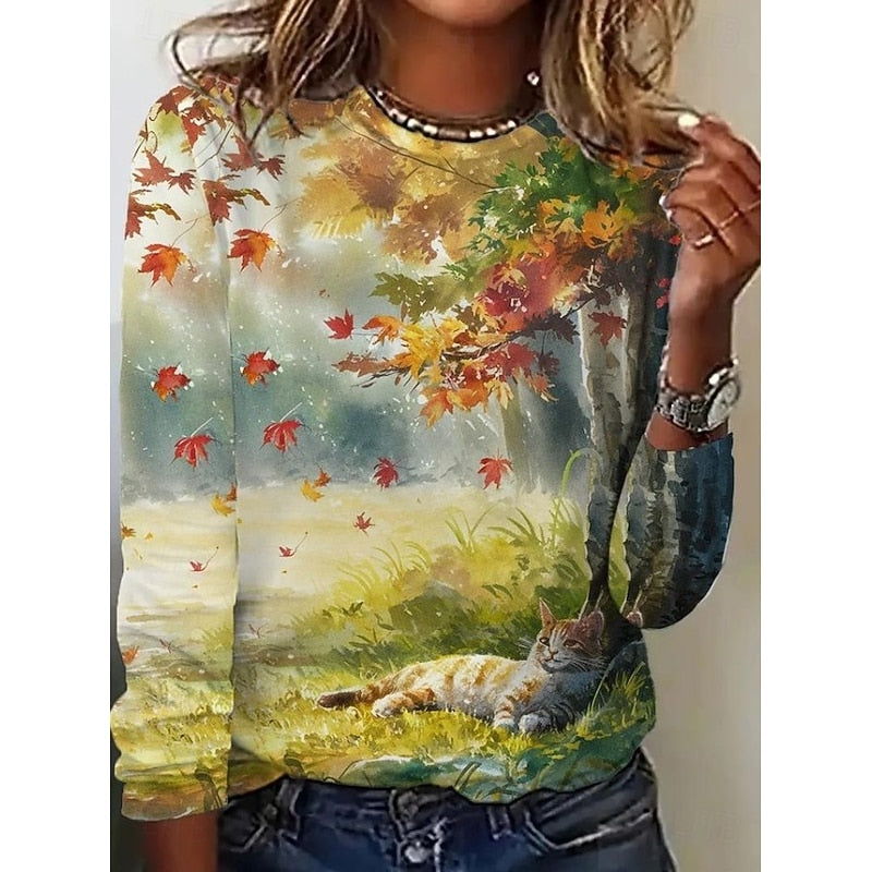 Botanical Print Long-Sleeve Top for Women, Plus Size
