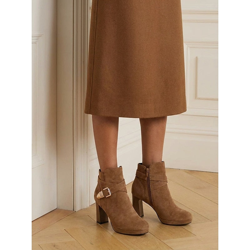 Buckle-Strap Block Heel Ankle Boots for Women