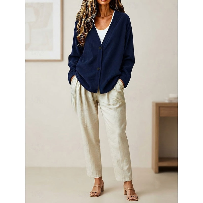 V-Neck Button Cardigan, Women's Relaxed Fit