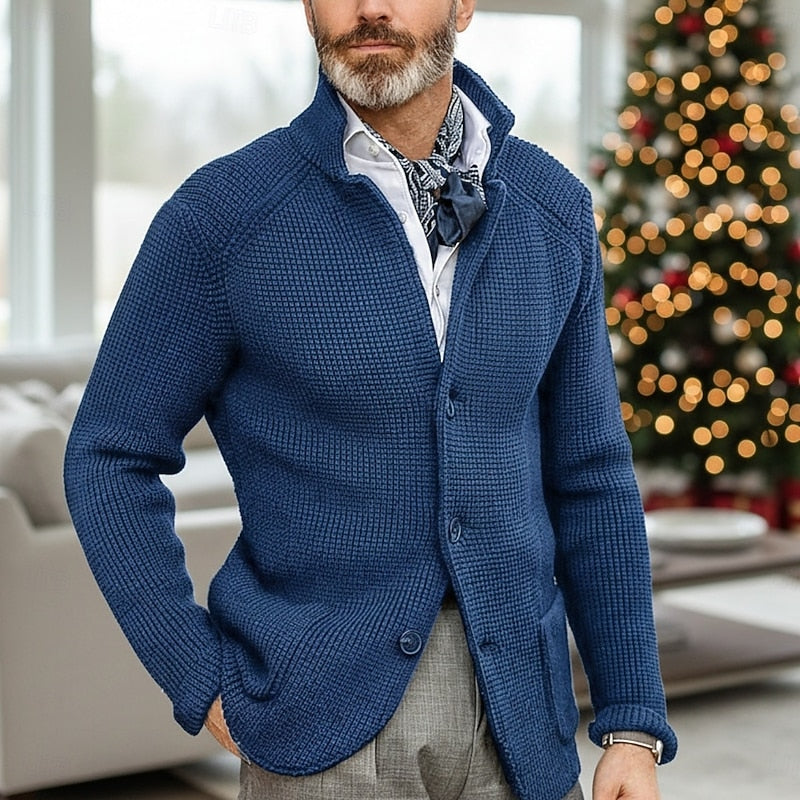 Stand-Collar Cardigan for Men, Textured Style