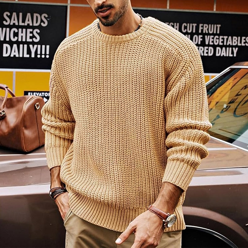 Ribbed Round-Neck Sweater for Men, Plus Size
