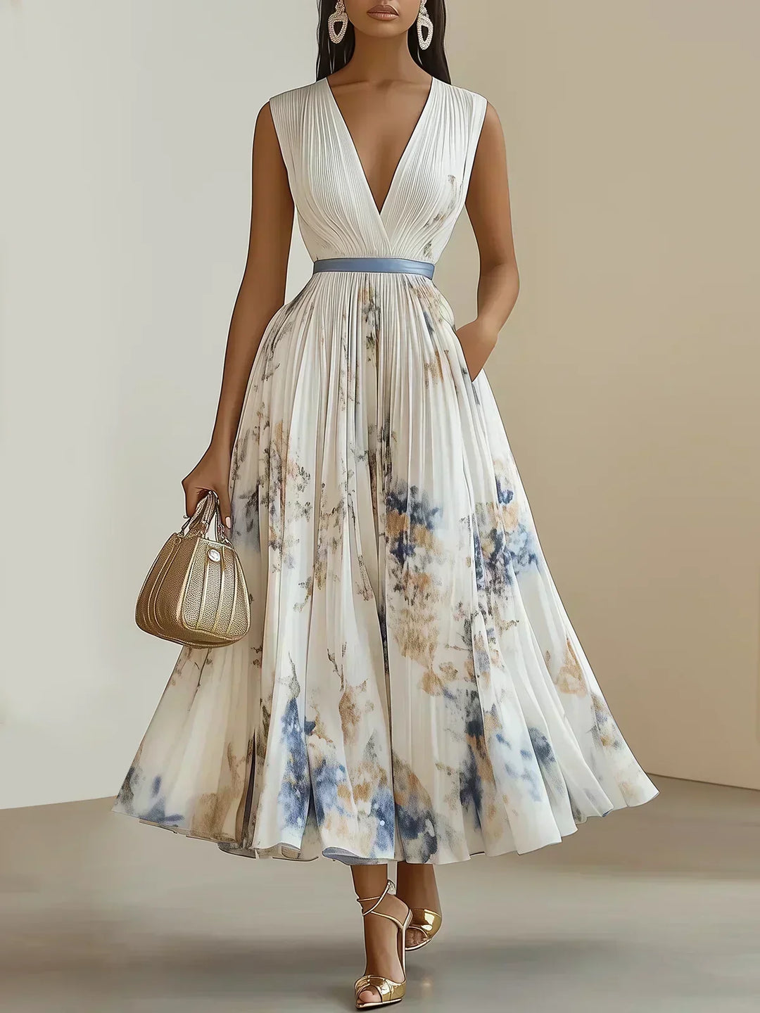 Sleeveless Long V-Neck Dress for Women, Elegant Style