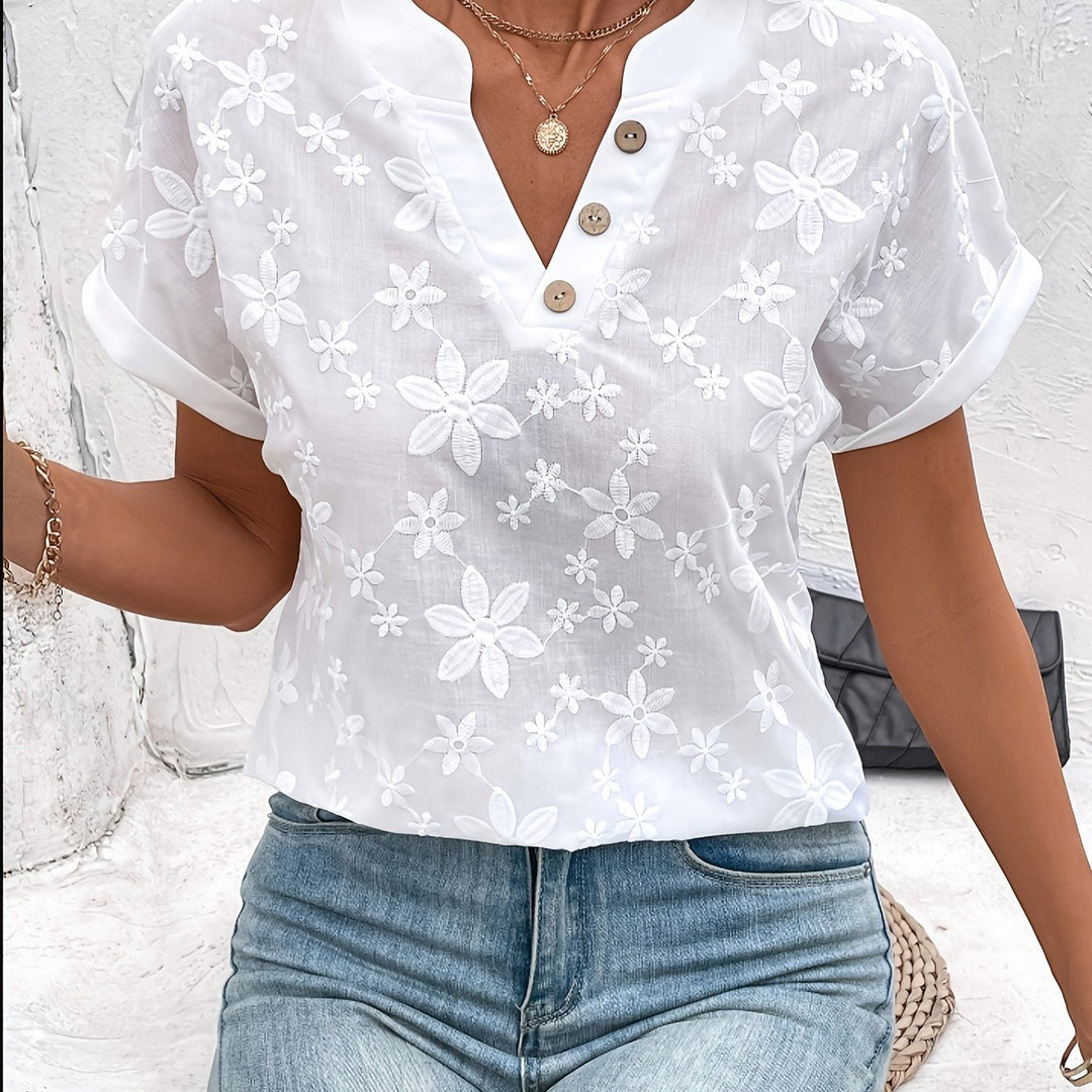 White Floral V-Neck Blouse for Women