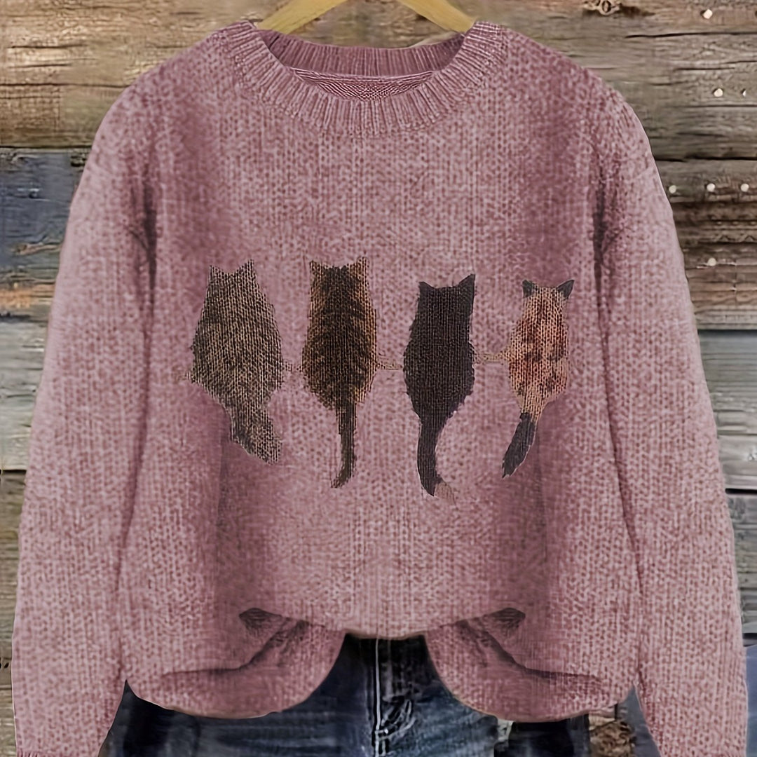 Cat-Print Sweater for Women, Cozy Style