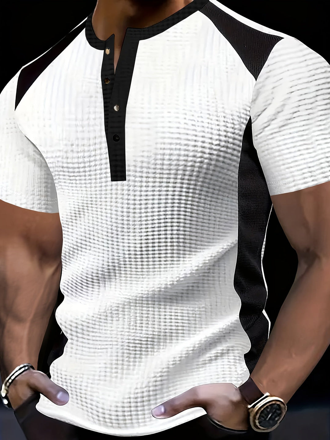 Contrast Henley Shirt for Men, Textured Style