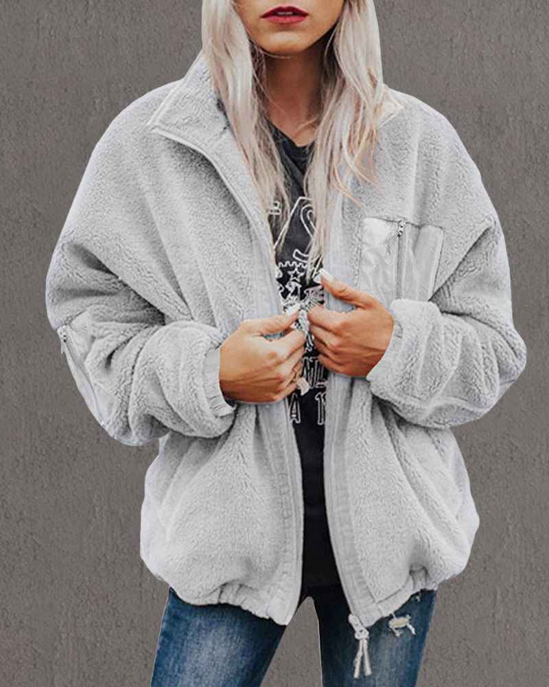 Women's Fuzzy Winter Zip-Up Coat with Pockets and Lapel Collar