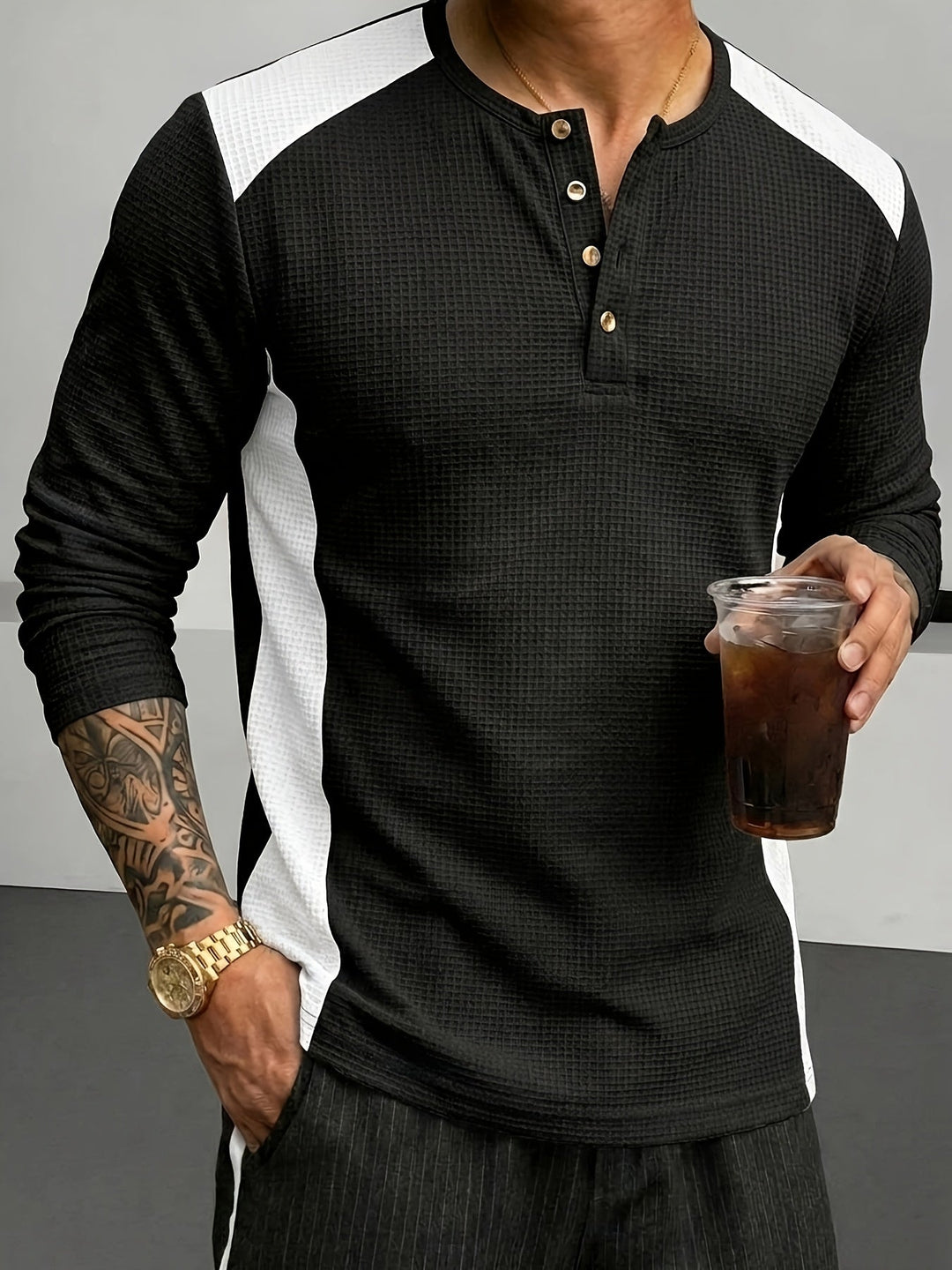 Textured Long-Sleeve Henley for Men, Plus Size