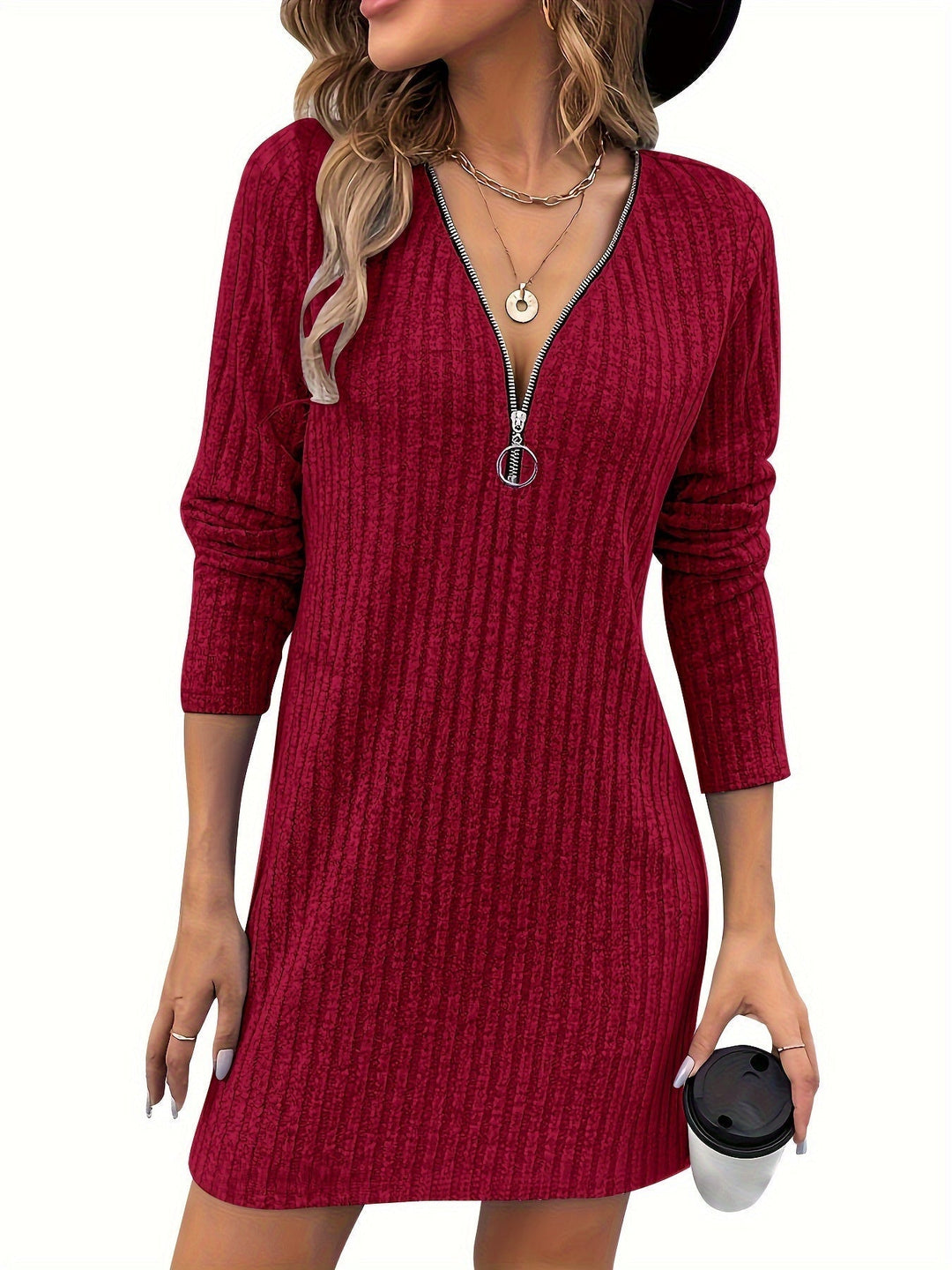 Women's Zip-Neck Ribbed Dress