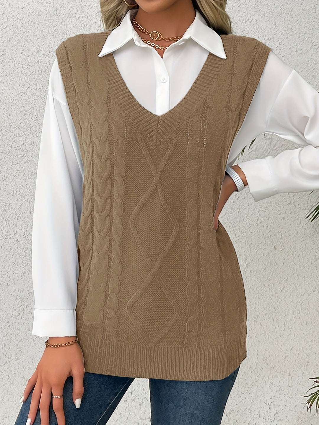 Ladies Cozy Cable-Knit V-Neck Sweater Vest