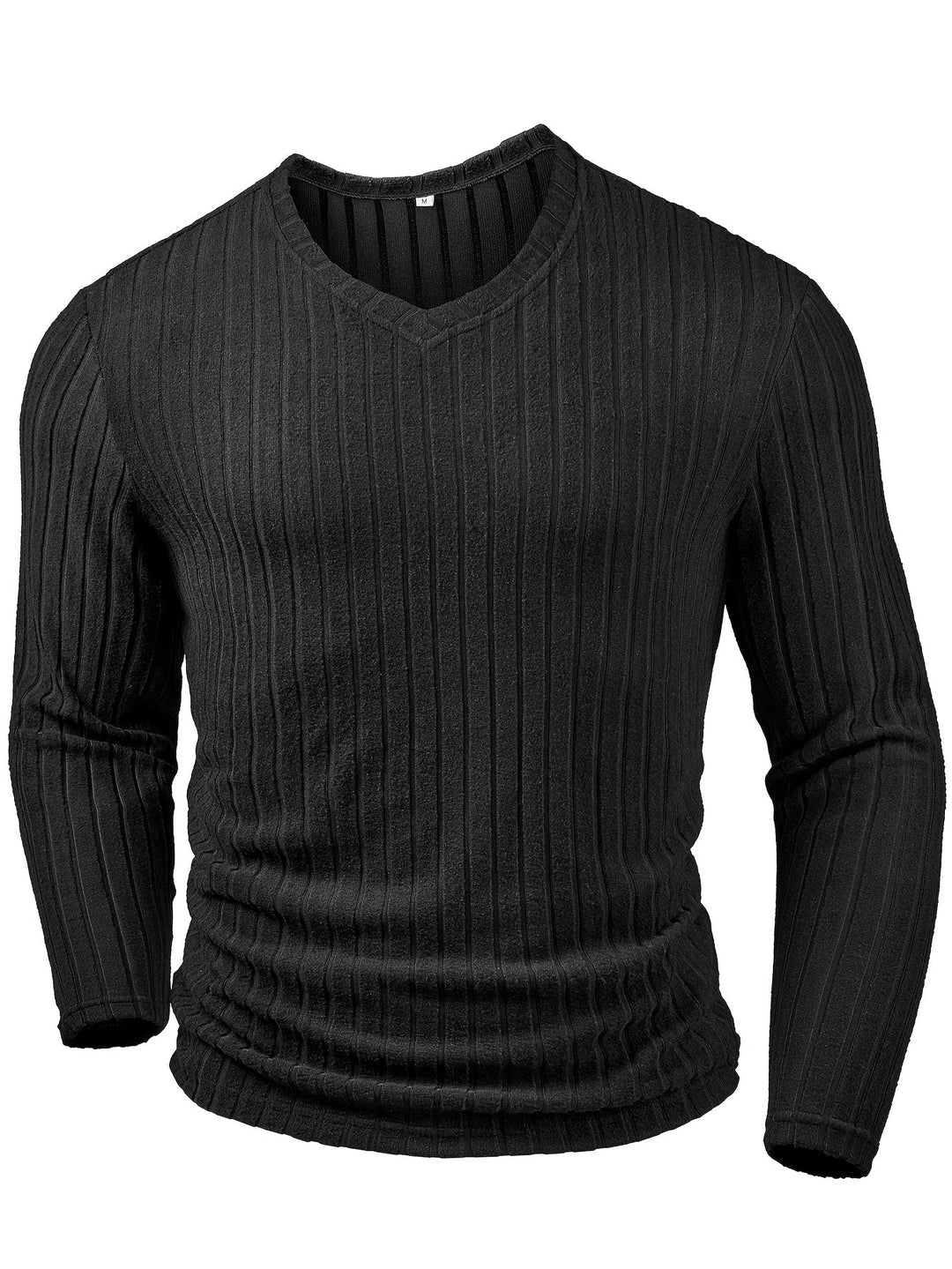 Black Ribbed V-Neck Long Sleeve Top for Men