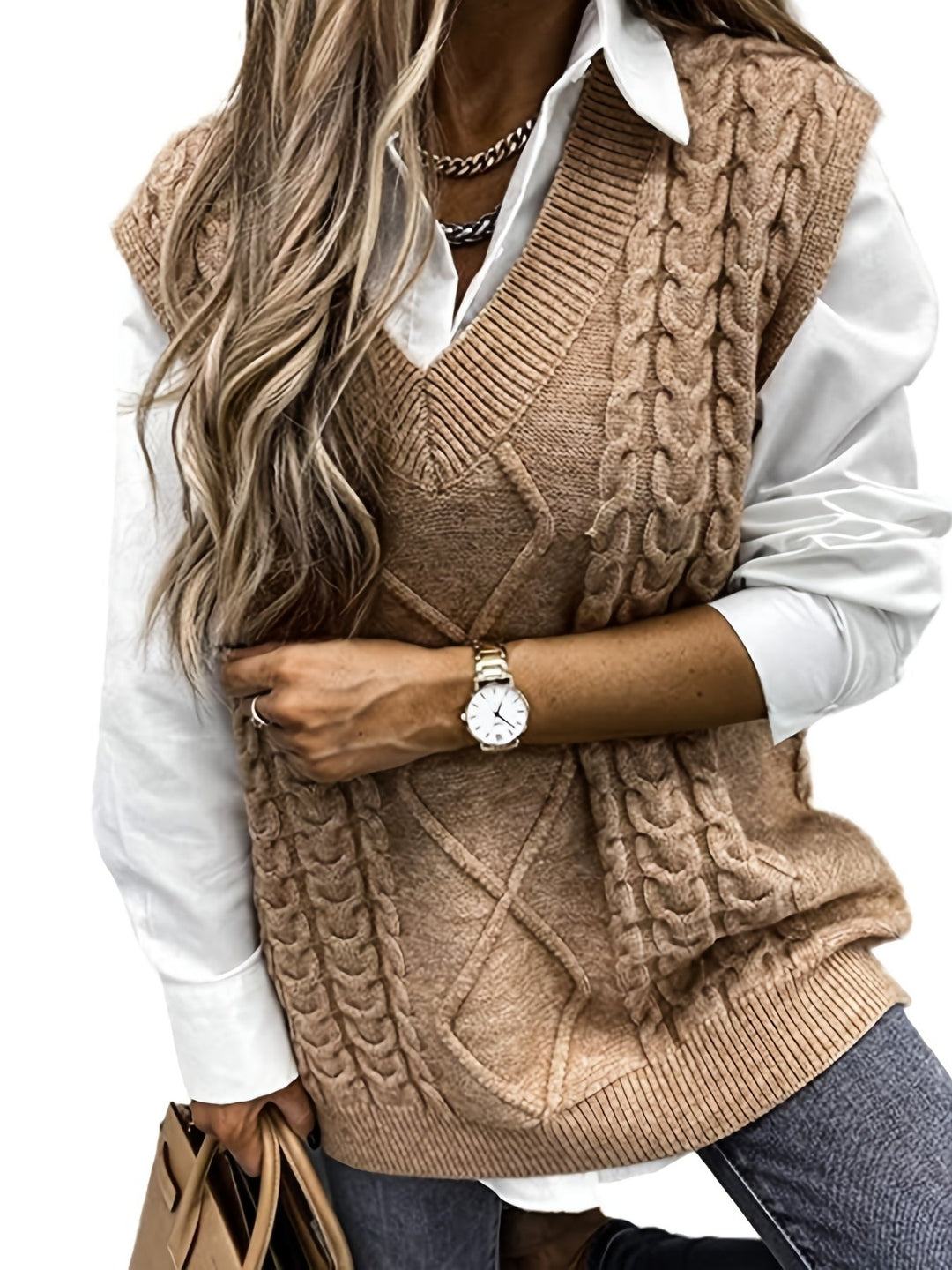 Ladies Cozy Cable-Knit V-Neck Sweater Vest