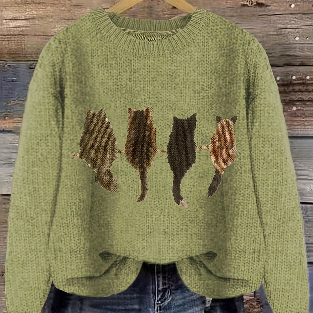 Cat-Print Sweater for Women, Cozy Style