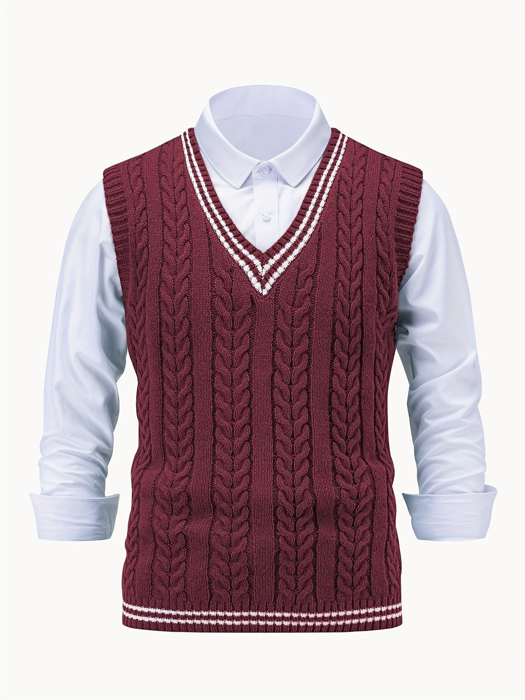 Cable-Knit V-Neck Sweater Vest for Men, Dark Gray