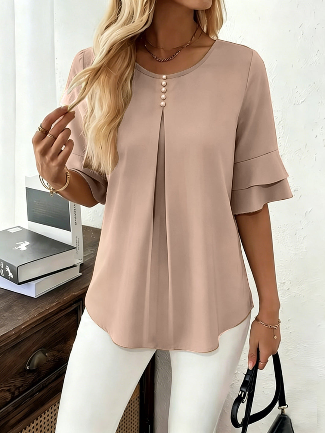 Flared-Sleeve Pleated Blouse for Women