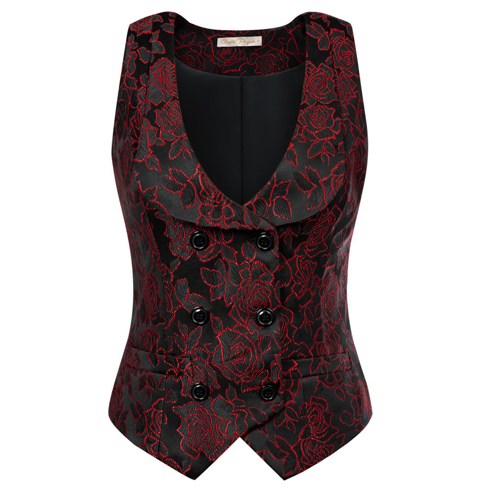 Women's Vintage-Style Double-Breasted Floral V-Neck Vest