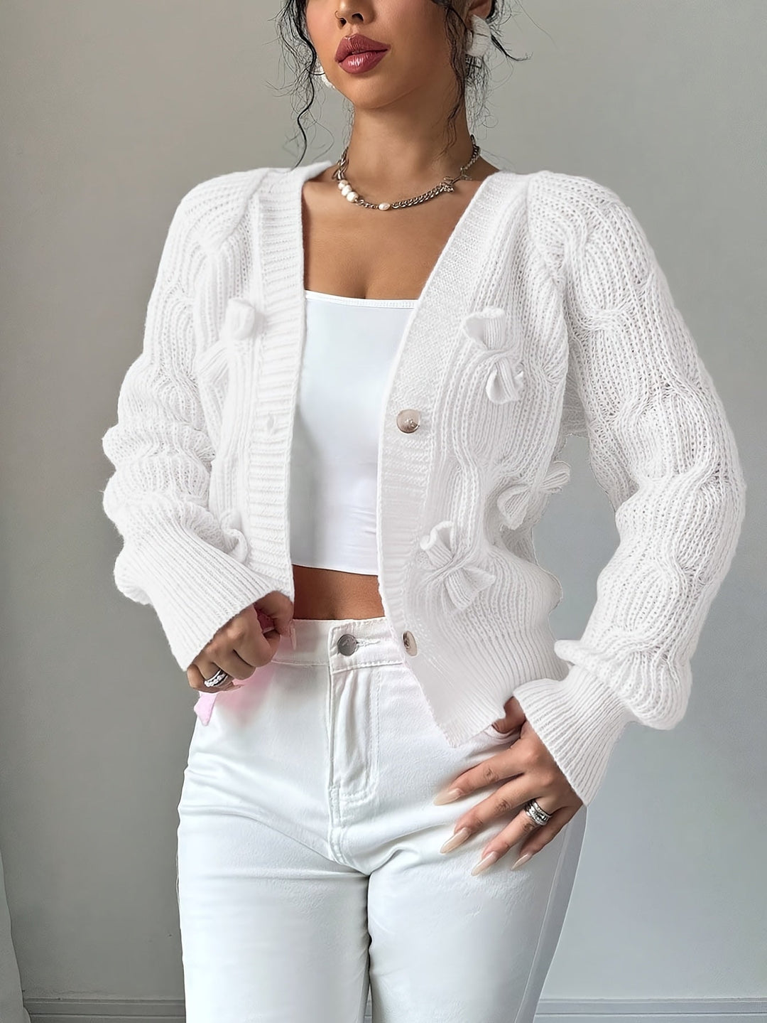 Bow-Detail Long Sleeve Cardigan, Women's Soft Fit