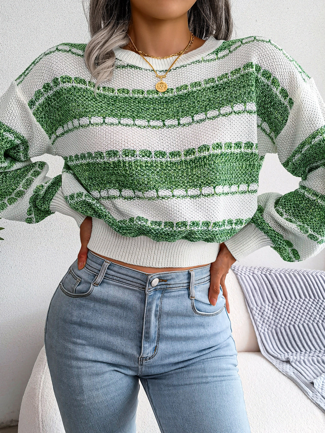 Women's Long Sleeve Knit Sweater – Black, Green, Orange