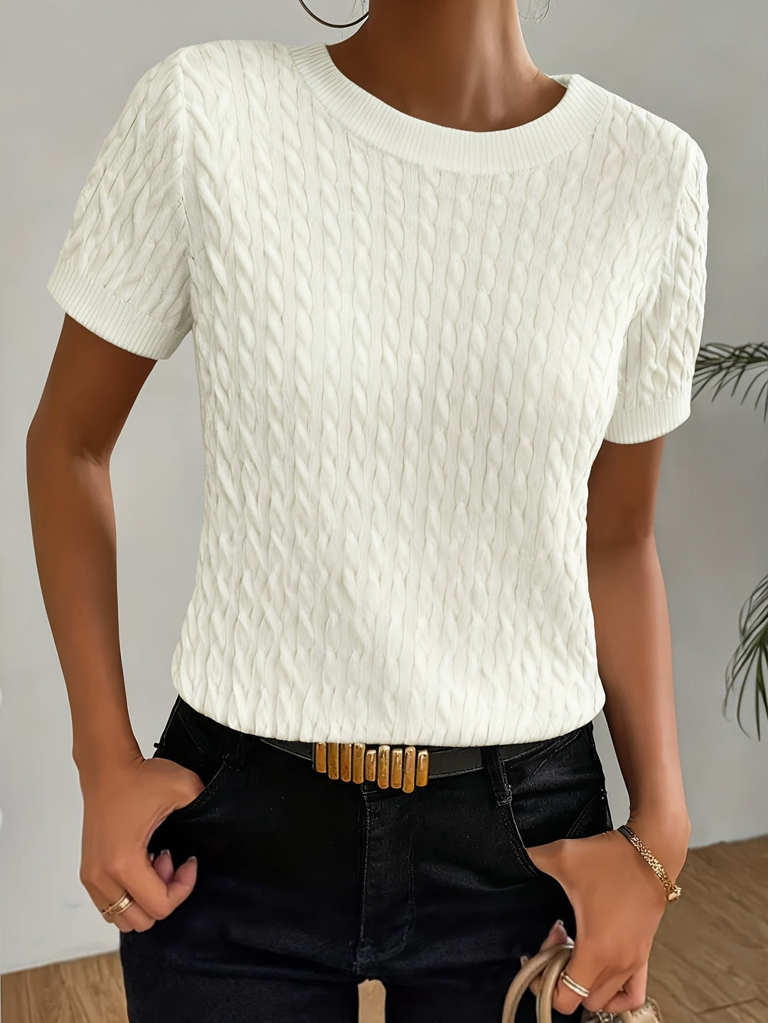 Round Neck Short Sleeve Top for Women, Textured Style