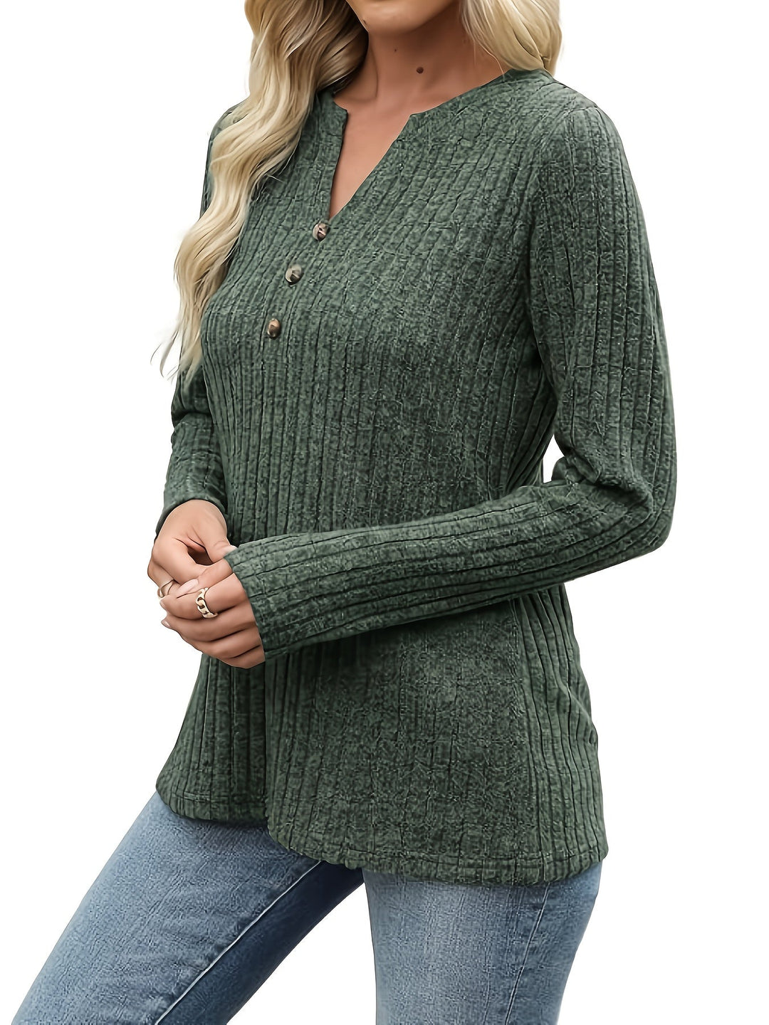 Ribbed Button-Neck Top for Women