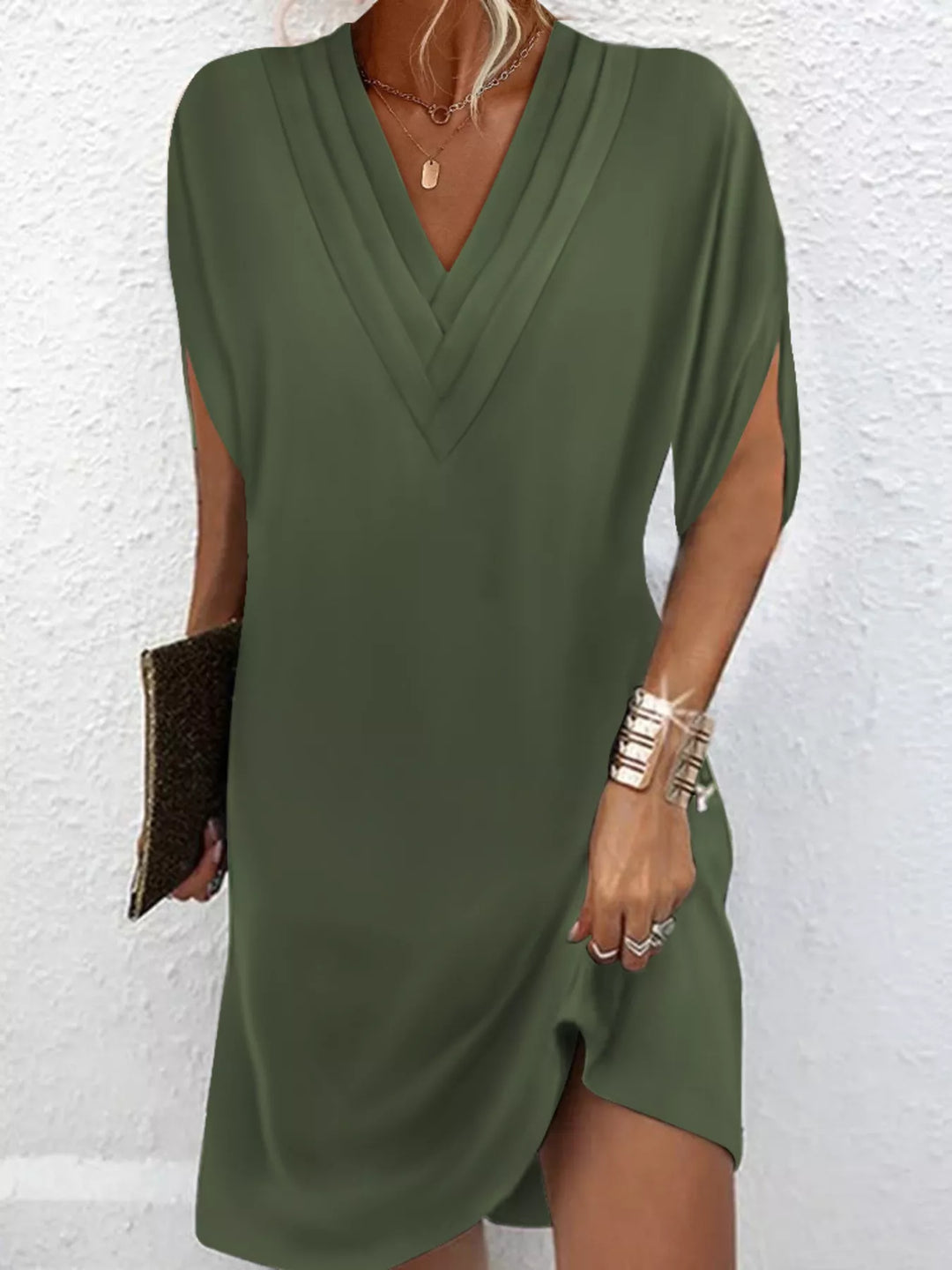 V-Neck Slit Sleeve Mini Dress for Women, Plus Size
