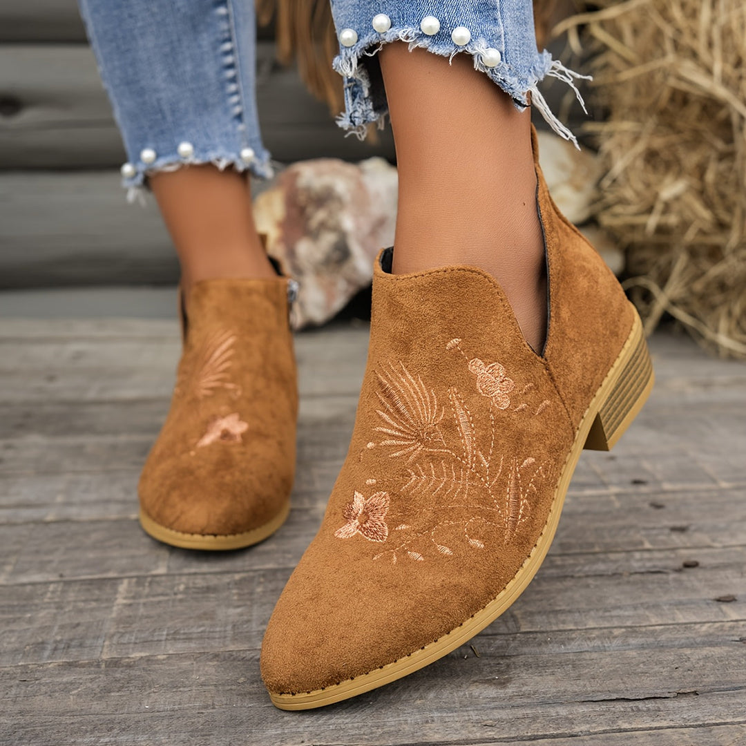 Embroidered Low-Heel Ankle Boots for Women