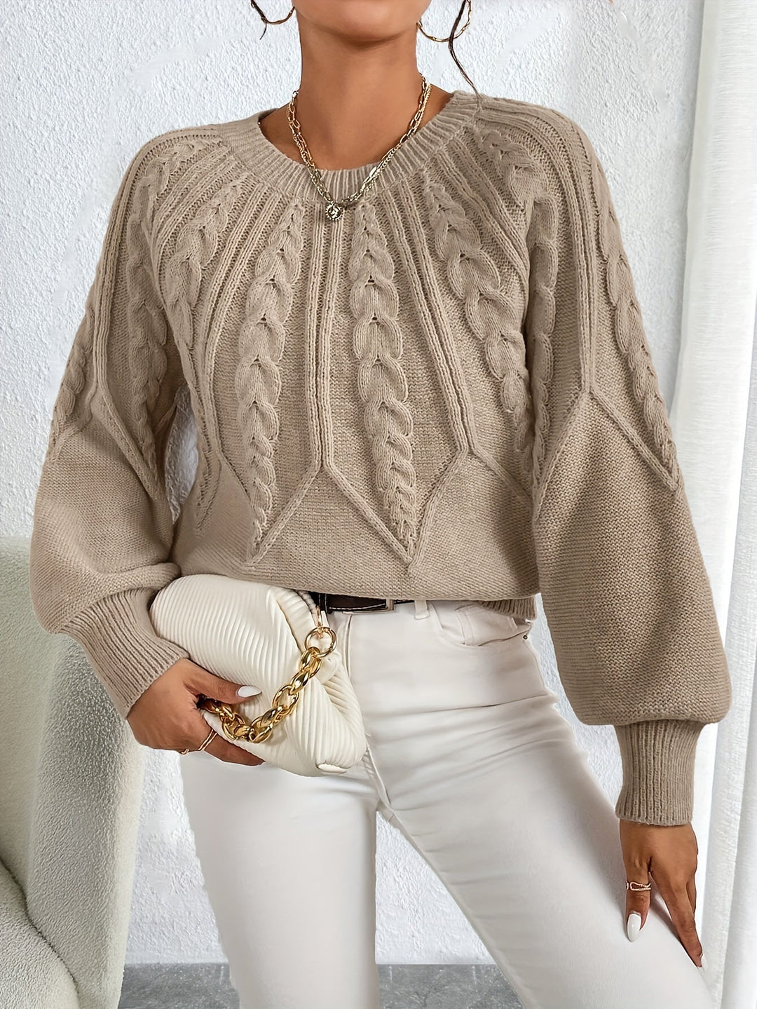 Cable-Knit Lantern Sleeve Sweater for Women
