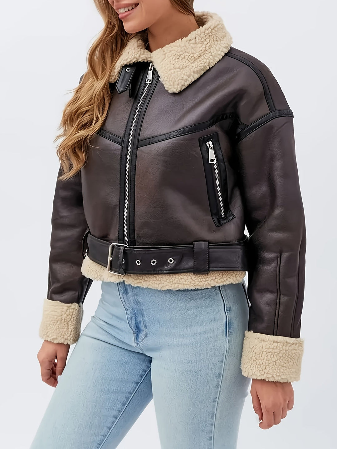 Coffee Brown Cozy-Lined Moto Jacket for Women