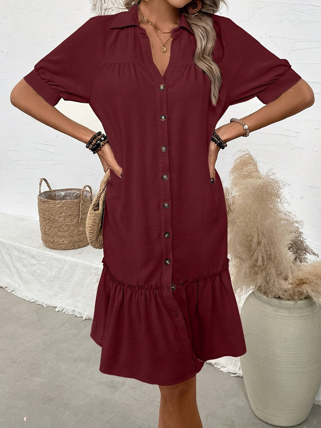 Buttoned Boho Midi Dress for Women