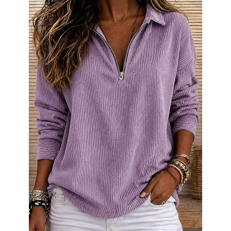 Ribbed Quarter-Zip Pullover Top for Women