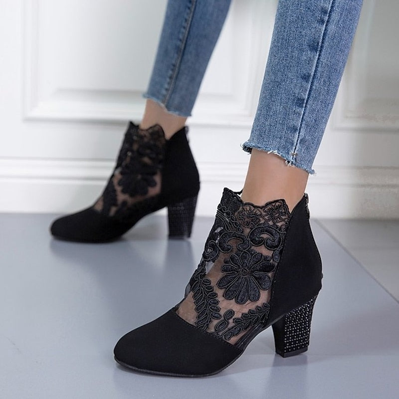 Lace-Accent Heeled Ankle Boots for Women