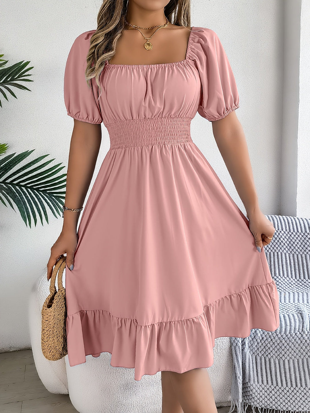 Square Neck Ruffled A-Line Dress for Women