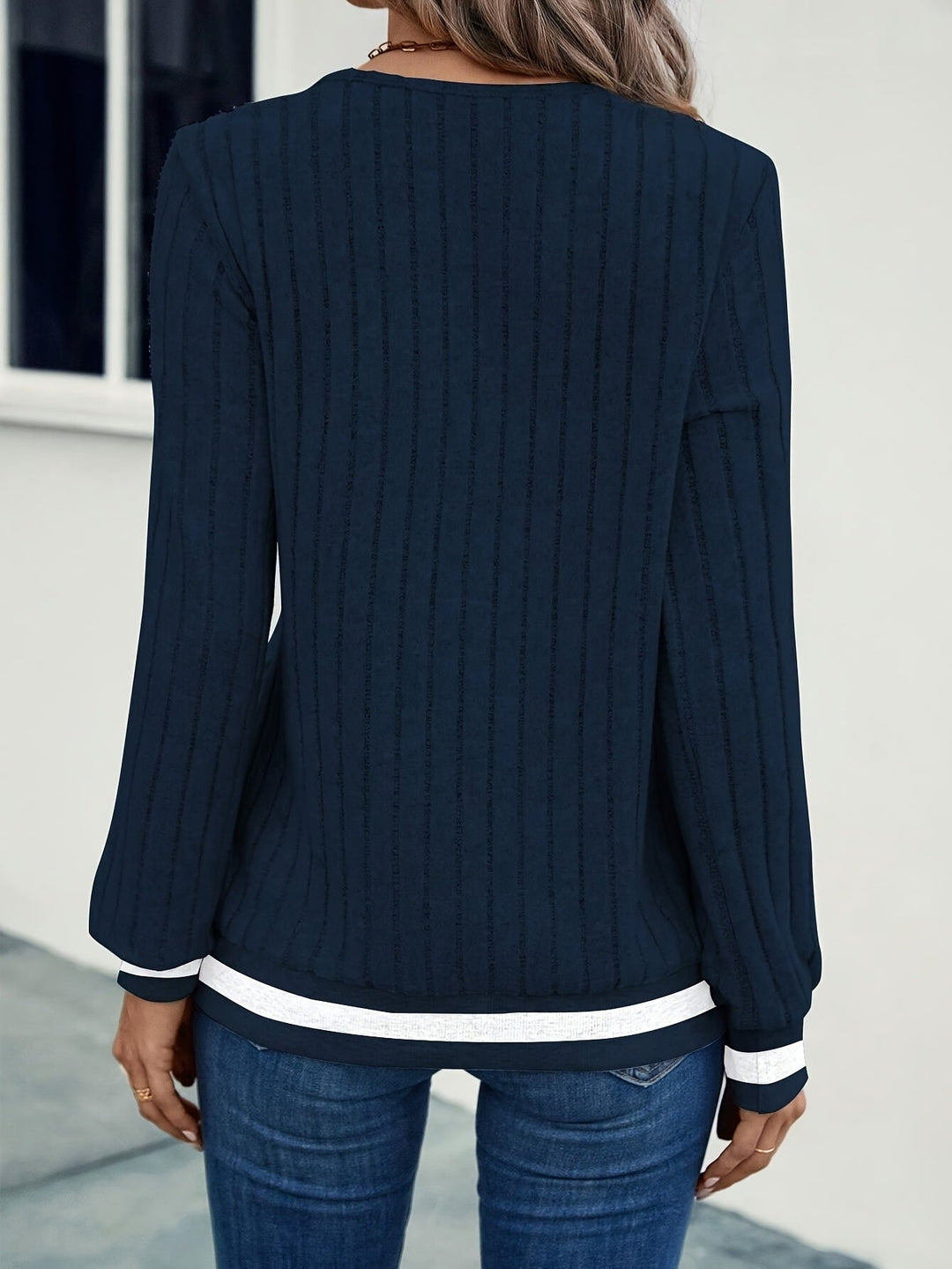 Color-Block Ribbed Long Sleeve Top for Women