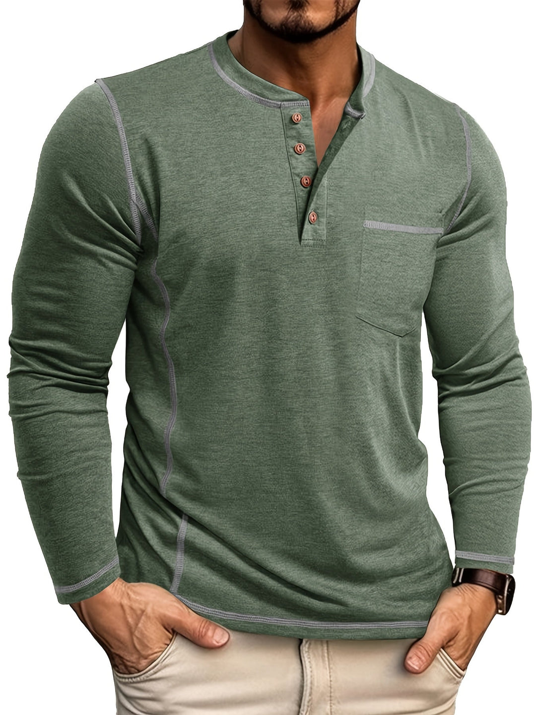 Men's Contrast-Stitch Long Sleeve Henley