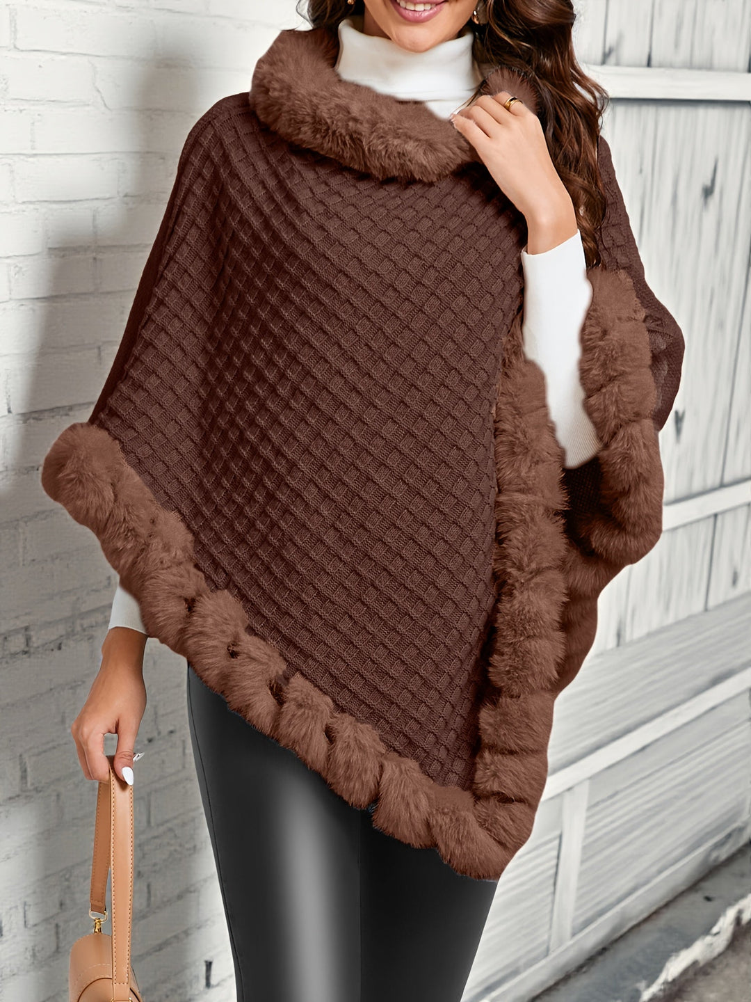 Ladies Cozy Fur-Trim Poncho