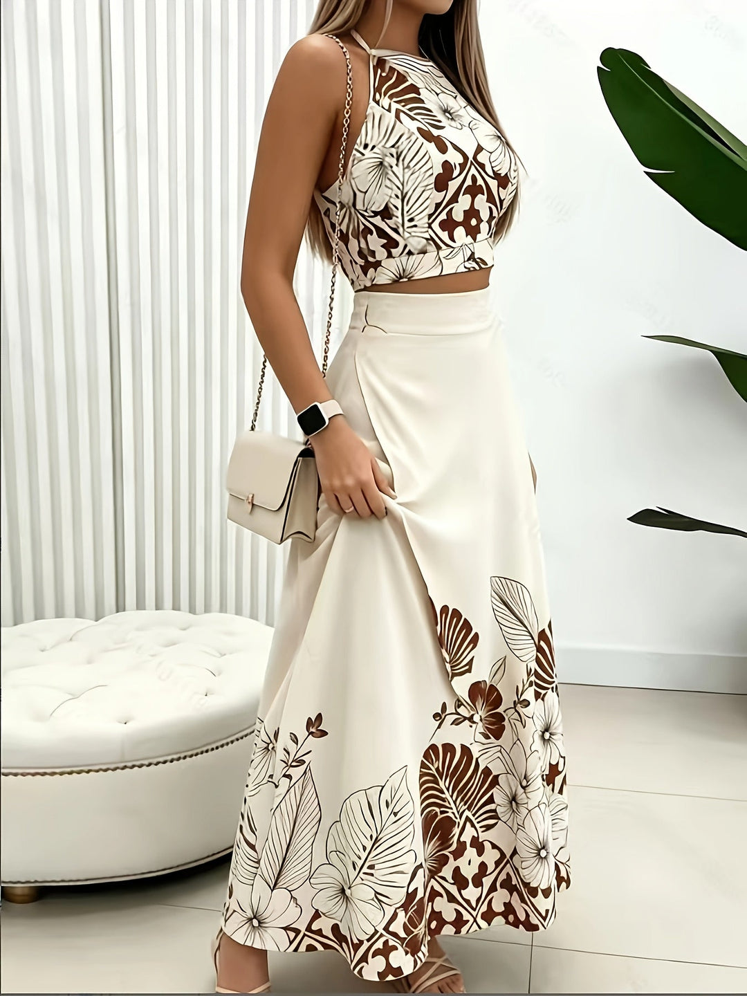 Tropical Print Two-Piece Skirt Set for Women