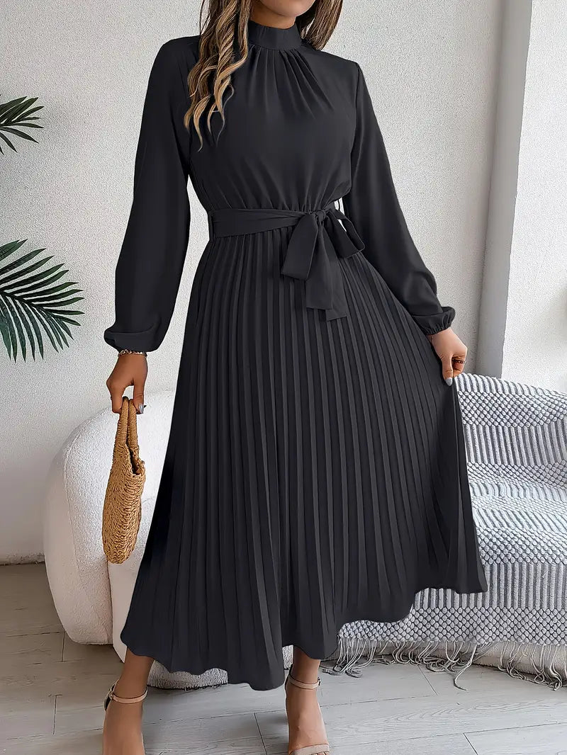 Long-Sleeve Belted Waist Midi Dress for Women