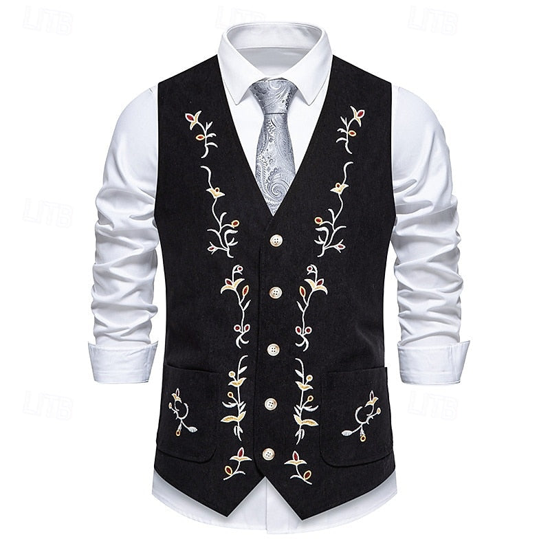 Embroidered Single-Breasted Waistcoat for Men