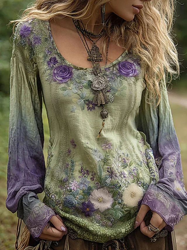 Floral V-Neck Blouse for Women, Vintage Style