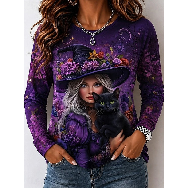 Halloween Witch Graphic Long Sleeve Top for Women