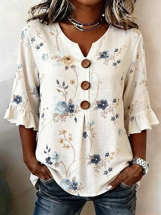 Floral Striped V-Neck Blouse for Women