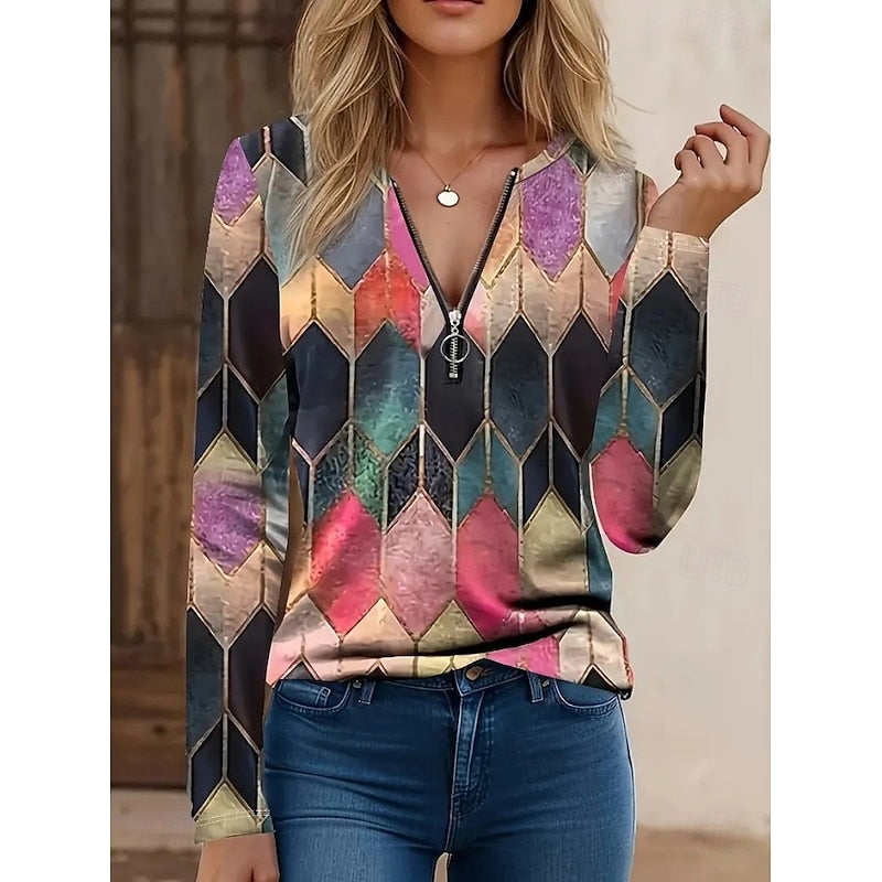 Floral Quarter-Zip Long Sleeve Top for Women