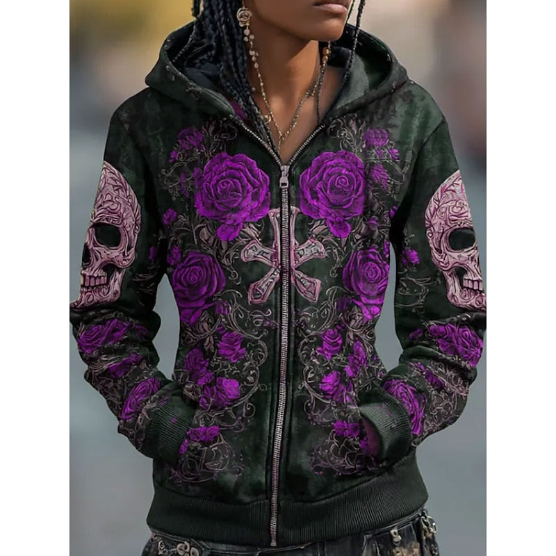 Skull & Rose Halloween Zip-Up Hoodie for Women