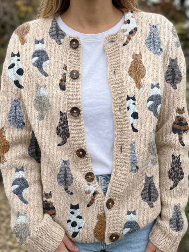 Beige Stylish Soft Cat Pattern Cardigan for Women