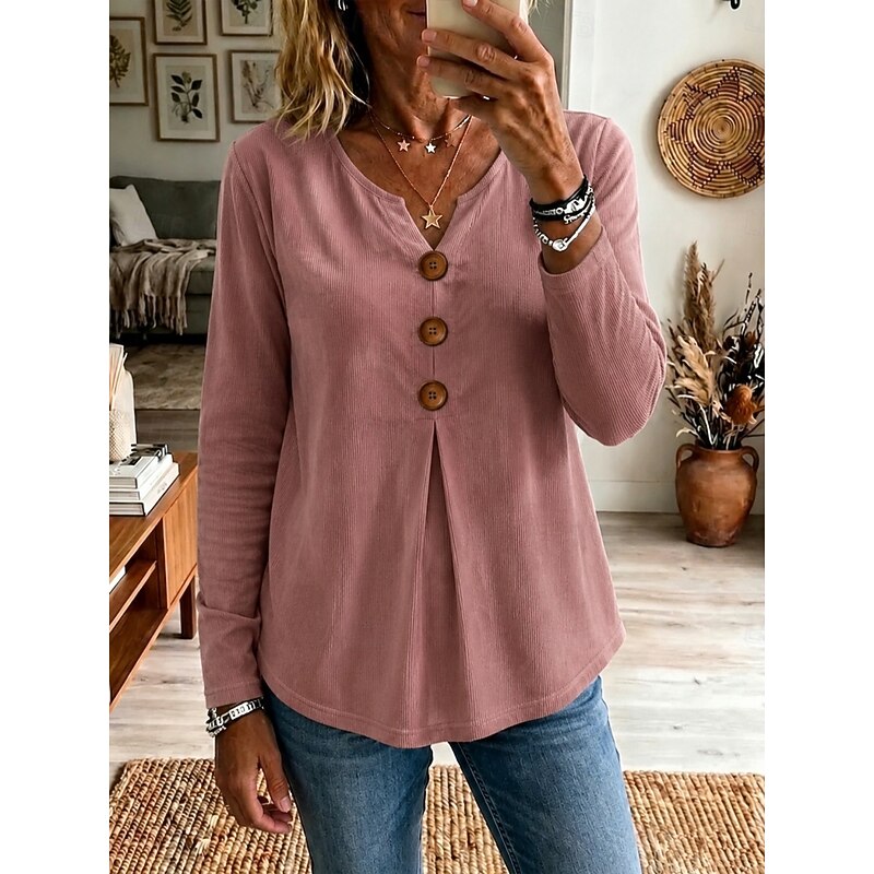 Buttoned V-Neck Top for Women, Plus Size