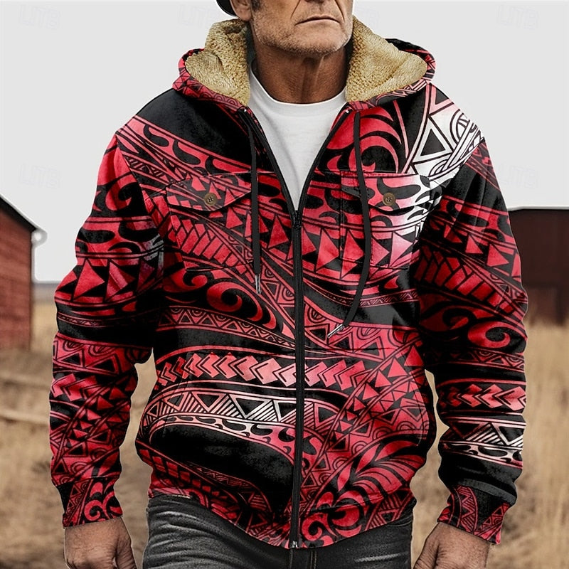 Patterned Zip Hooded Jacket for Men