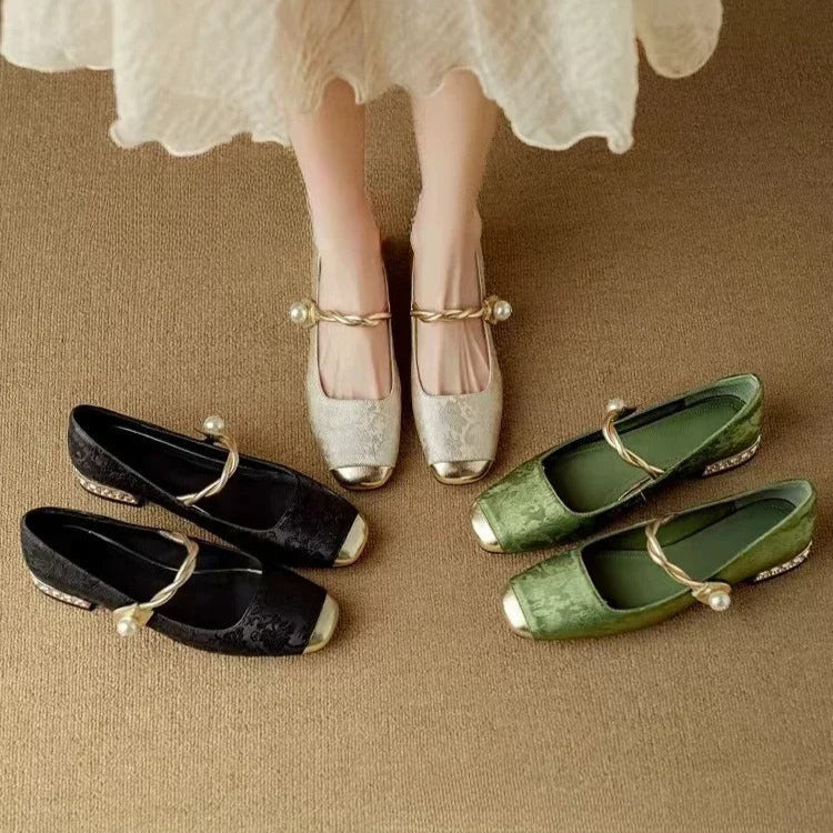 Vintage Braided Pearl Strap Shoes for Women