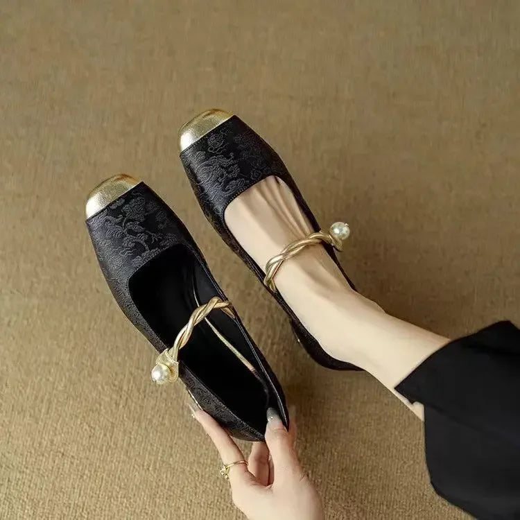 Vintage Braided Pearl Strap Shoes for Women