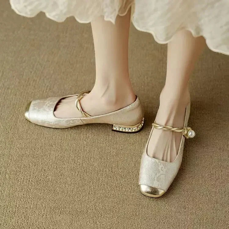 Vintage Braided Pearl Strap Shoes for Women
